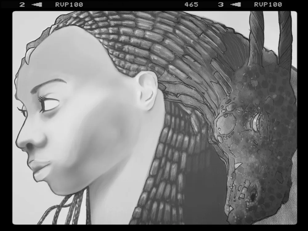 v02 :: At this pass, I was pretty satisfied in a cursory kind of way with the entire picture. At this point, I started to even explore color. But the more I looked at it, the more I found issues I wanted to address. So I got rid of all the color exploration, and got back to the basics.