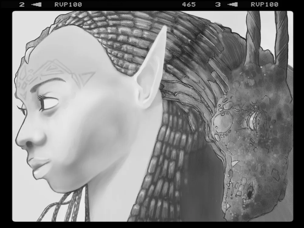 v03 :: For a lack of a better word, the dragon feels flat to me. While there is variation in highlights and shadow, it really does not read well. Additionally, I decided to address a long standing issue with the woman which is overly small ears. Given the theme is fantastical in nature, I opted to make her an elf. I added tattoos to her forehead for added variety … and who does not like tattoos?