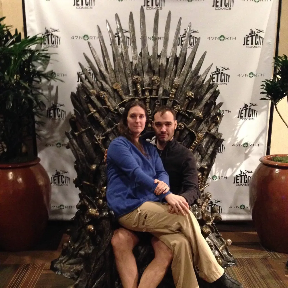 My lovely wife and I at Norwescon 38 taking our rightful seat atop of the throne of swords.