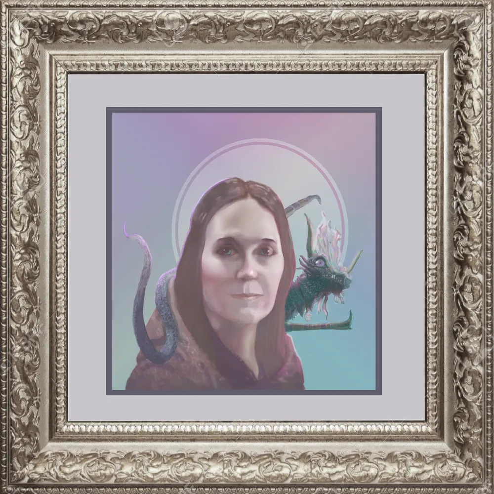 Dragon Doula in a virtual frame. I still need to go and finalize a print, but my goal is to frame and hang this portrait of my partner in her own office.