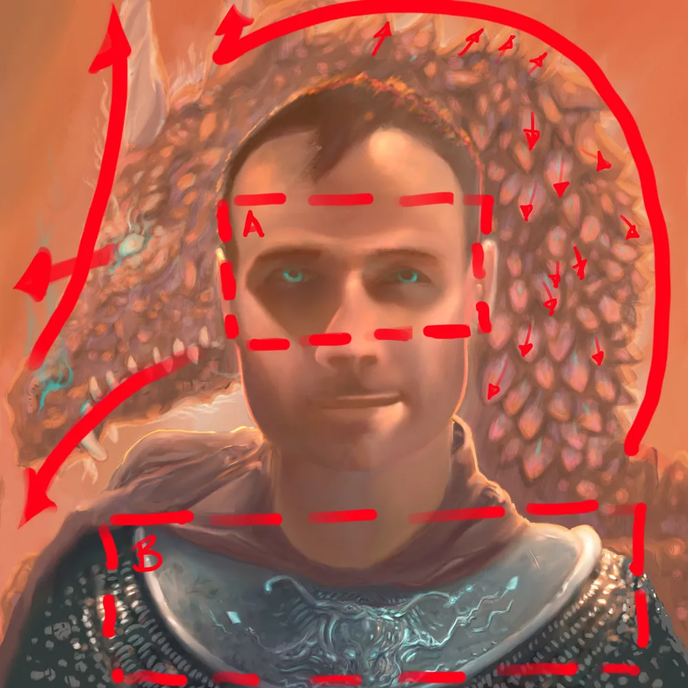 Note how the viewer’s eye is generally forced out of the picture. On top of this, the more highly rendered and saturated area (B) competes with the main subject in area A.