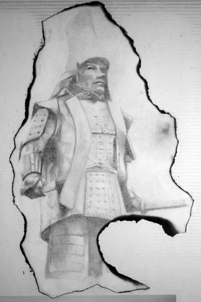 Musashi (c. 1993, pencil) – Those burn makes around the edges? Its hot working in Hell, even if on the very outer regions.